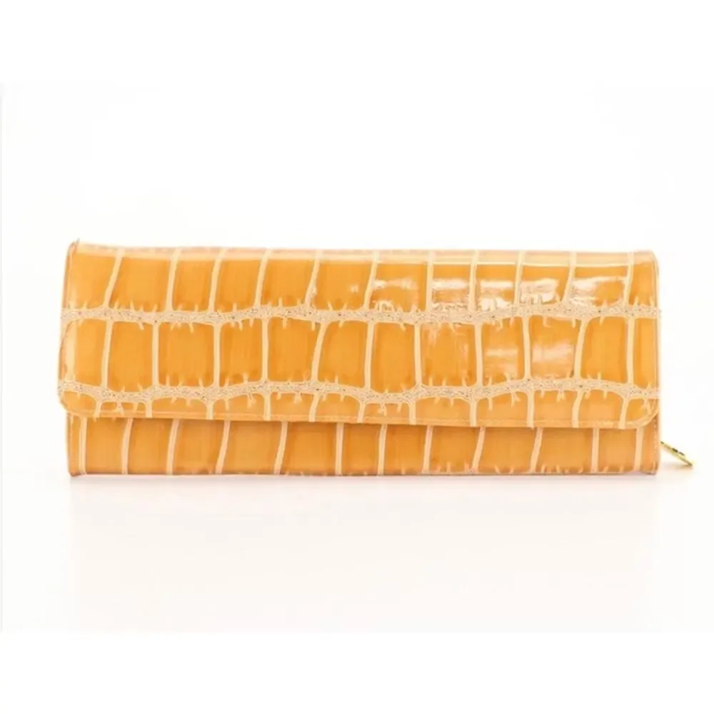 NWT Big Buddha Oversized Croc Embossed Vegan Leather Clutch Wallet Camel 12.5”